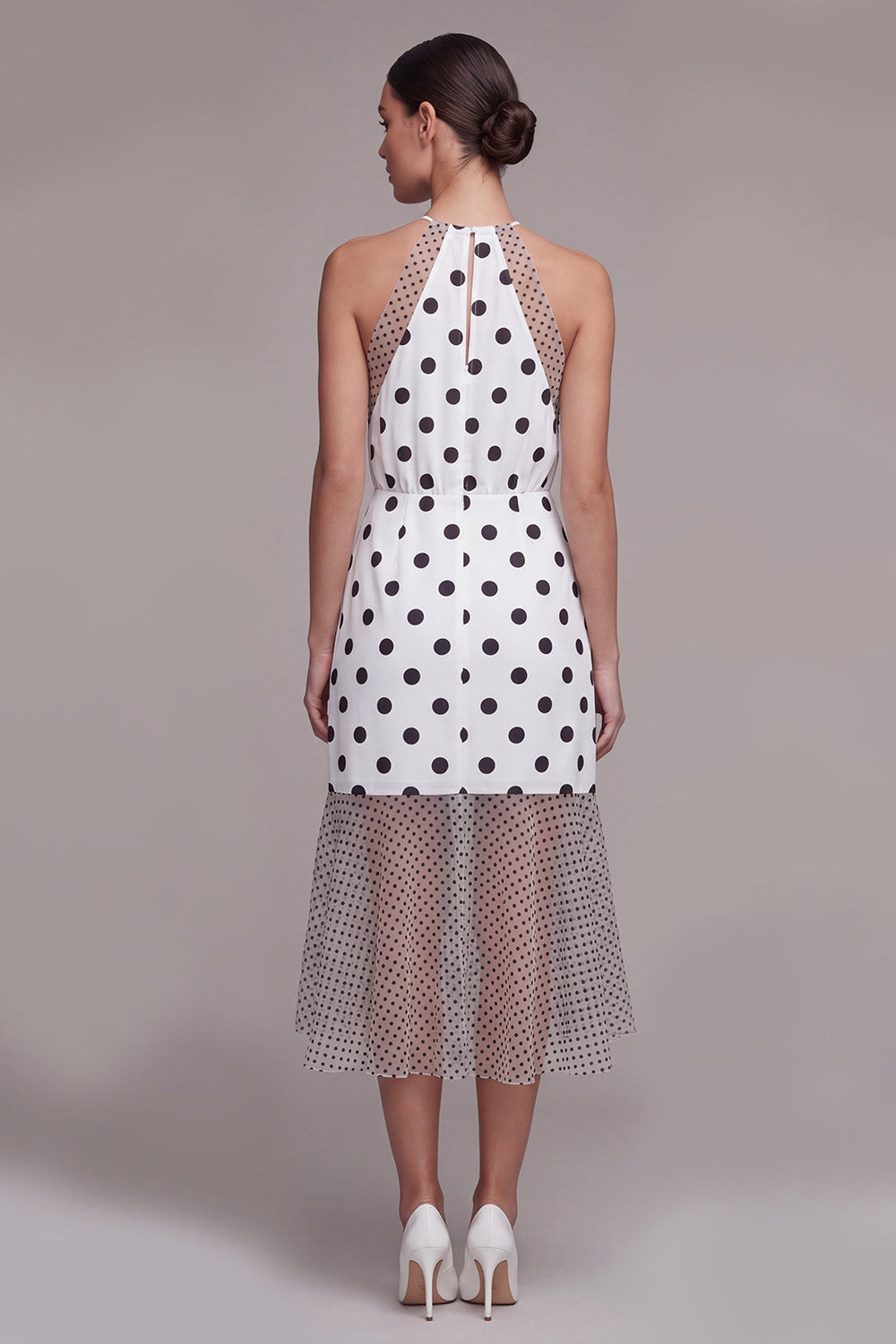 White and Black Halter High Low Polka Dots Dress