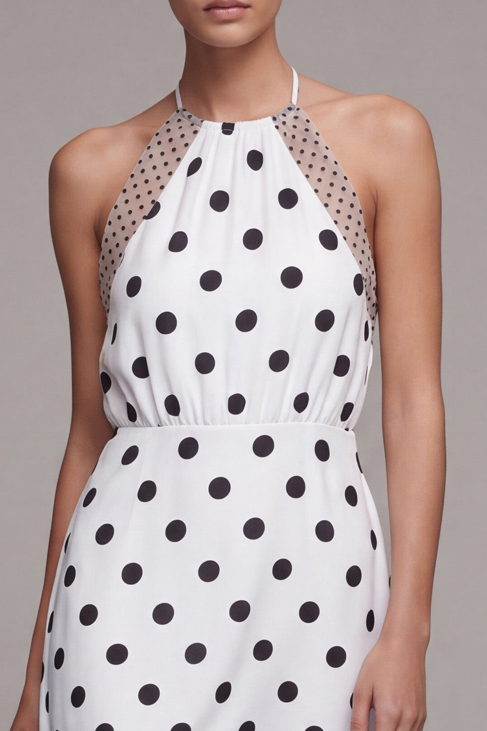 White and Black Halter High Low Polka Dots Dress