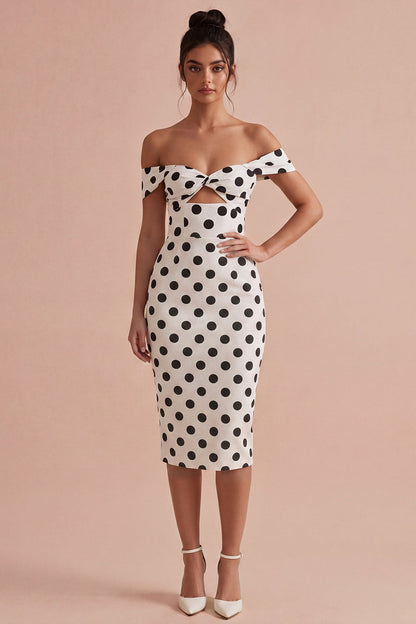 Bodycon White and Black Keyhole Off the Shoulder Midi Polka Dots Dress