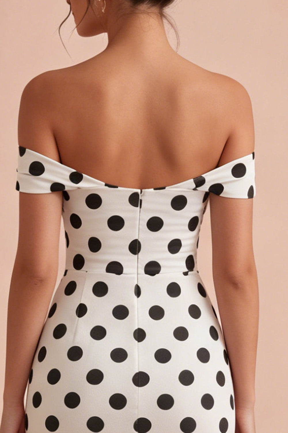 Bodycon White and Black Keyhole Off the Shoulder Midi Polka Dots Dress