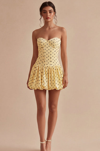 Yellow and Black A Line Short Strapless Polka Dots Dress