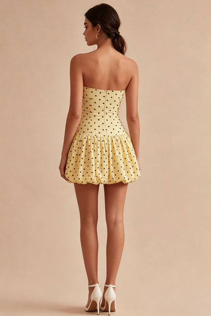 Yellow and Black A Line Short Strapless Polka Dots Dress