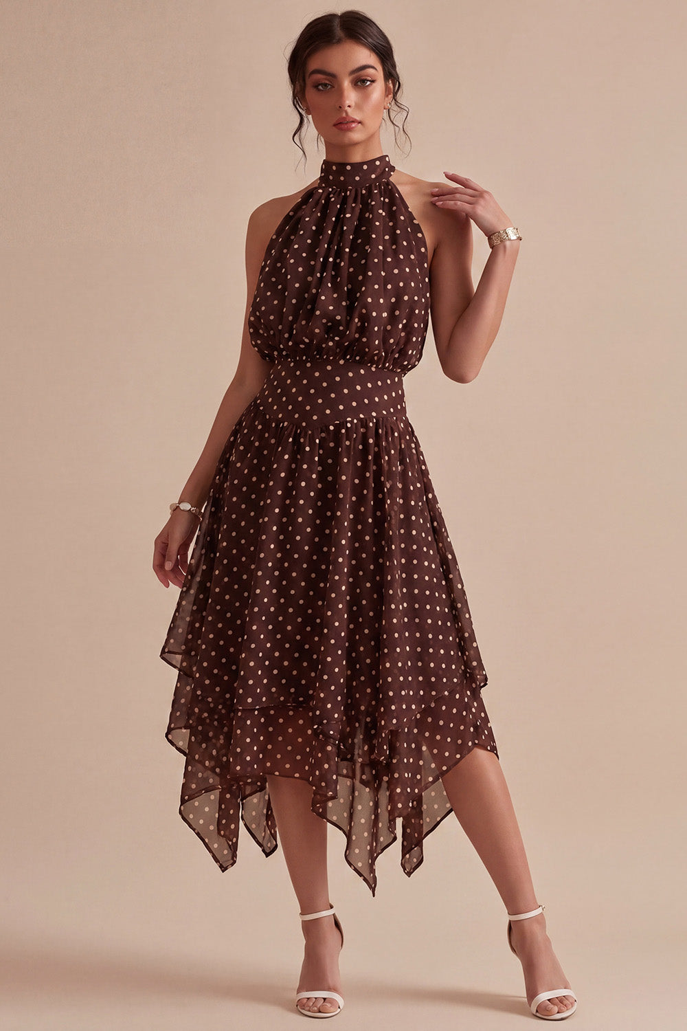 Coffee and White High Neck A Line Asymmetrical Polka Dots Dress