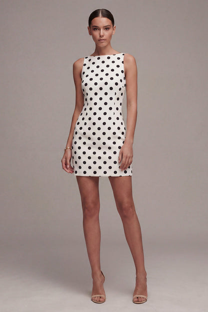 Tight Short White and Black Bateau Neck Polka Dots Dress