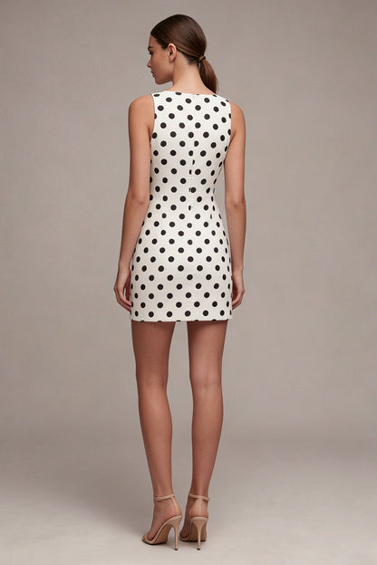 Tight Short White and Black Bateau Neck Polka Dots Dress