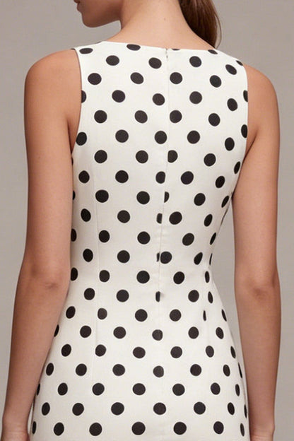 Tight Short White and Black Bateau Neck Polka Dots Dress