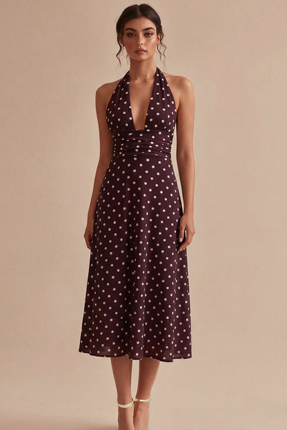 Burgundy and White Halter Maxi A Line Polka Dots Dress