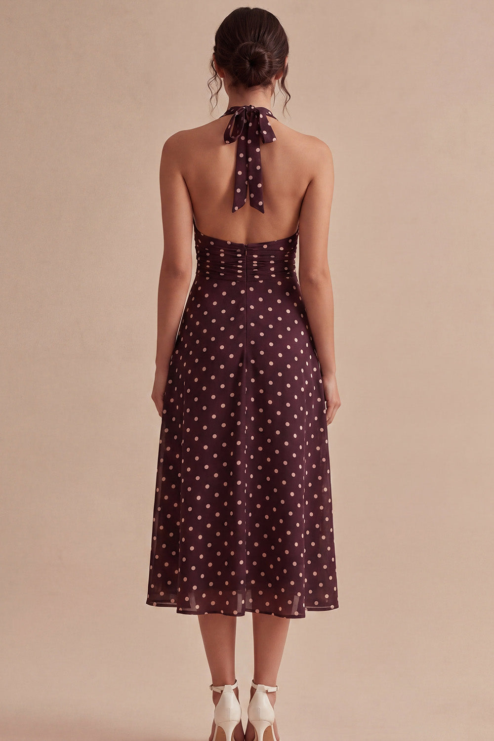 Burgundy and White Halter Maxi A Line Polka Dots Dress