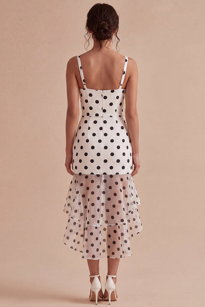 White and Black Thick Straps High Low Polka Dots Dress with Ruffles