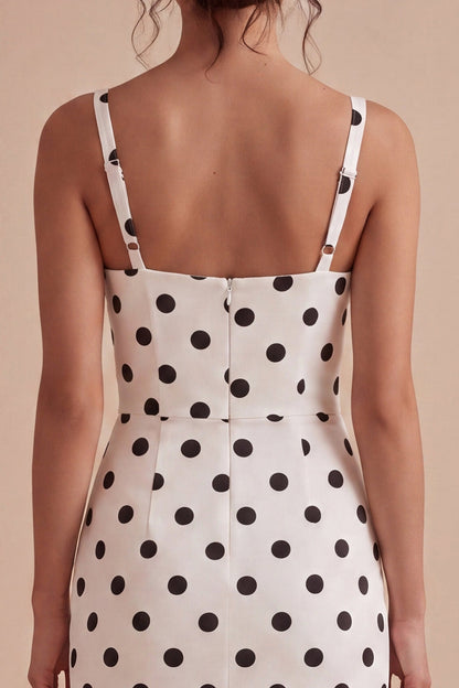 White and Black Thick Straps High Low Polka Dots Dress with Ruffles