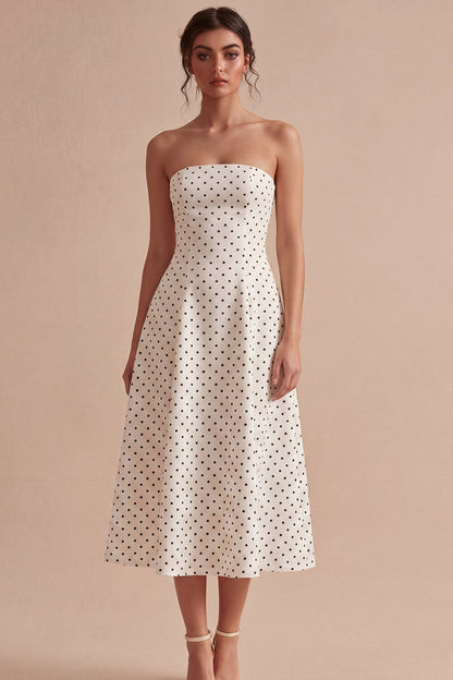 White and Black Strapless A Line Maxi Polka Dots Dress