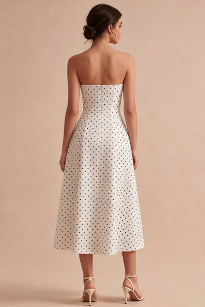 White and Black Strapless A Line Maxi Polka Dots Dress