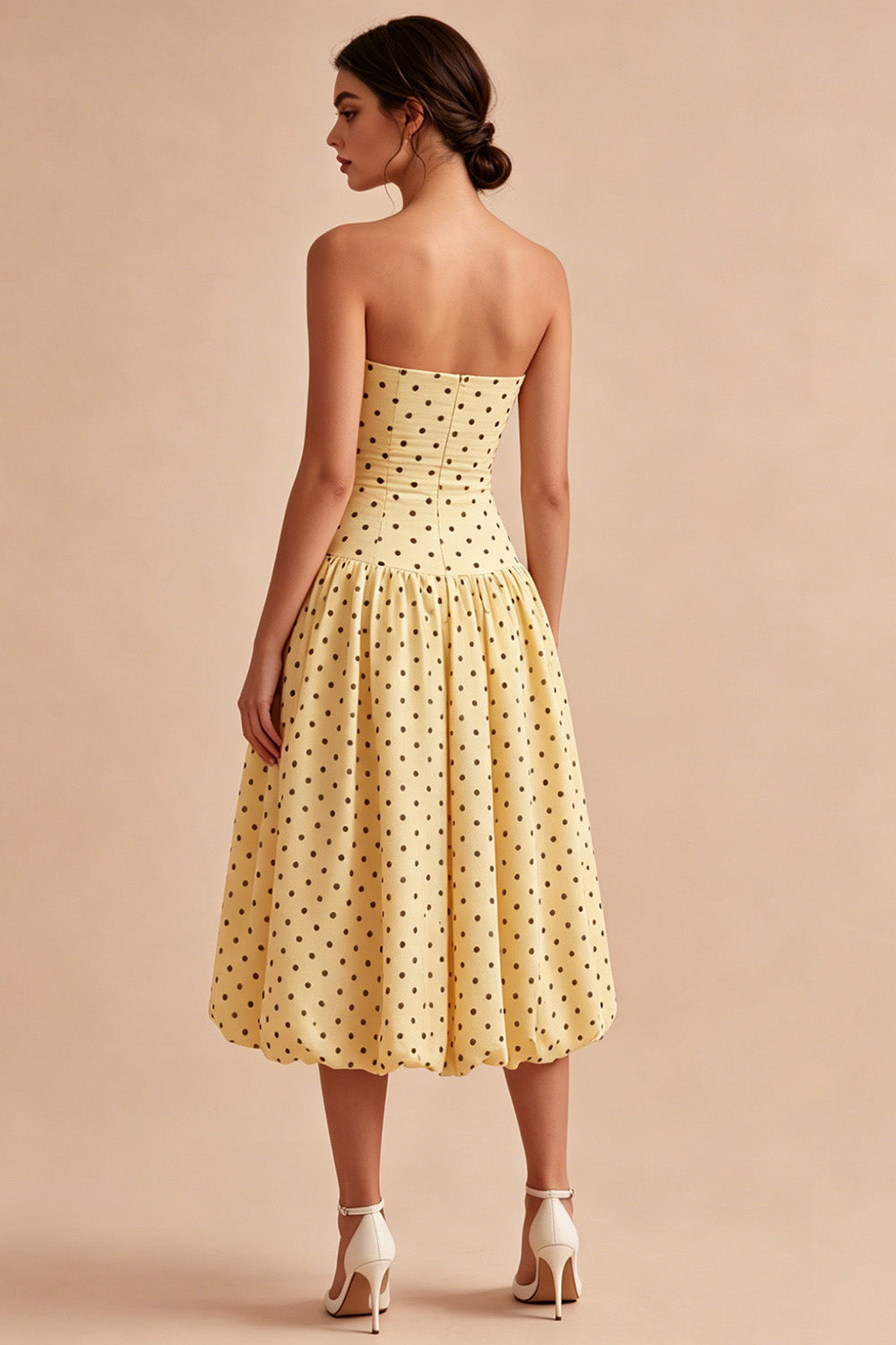 Yellow and Black A Line Maxi Strapless Polka Dots Dress