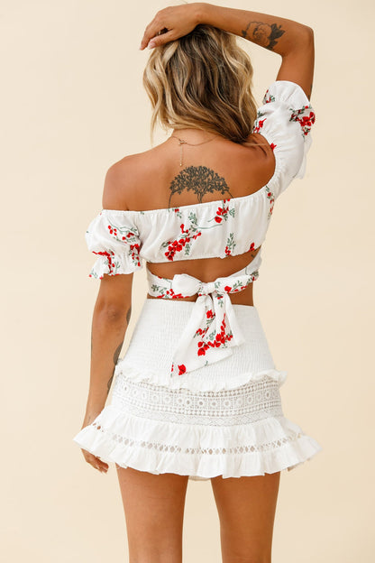 Linka Off-Shoulder Tie-Back Crop Top Red Floral Print White
