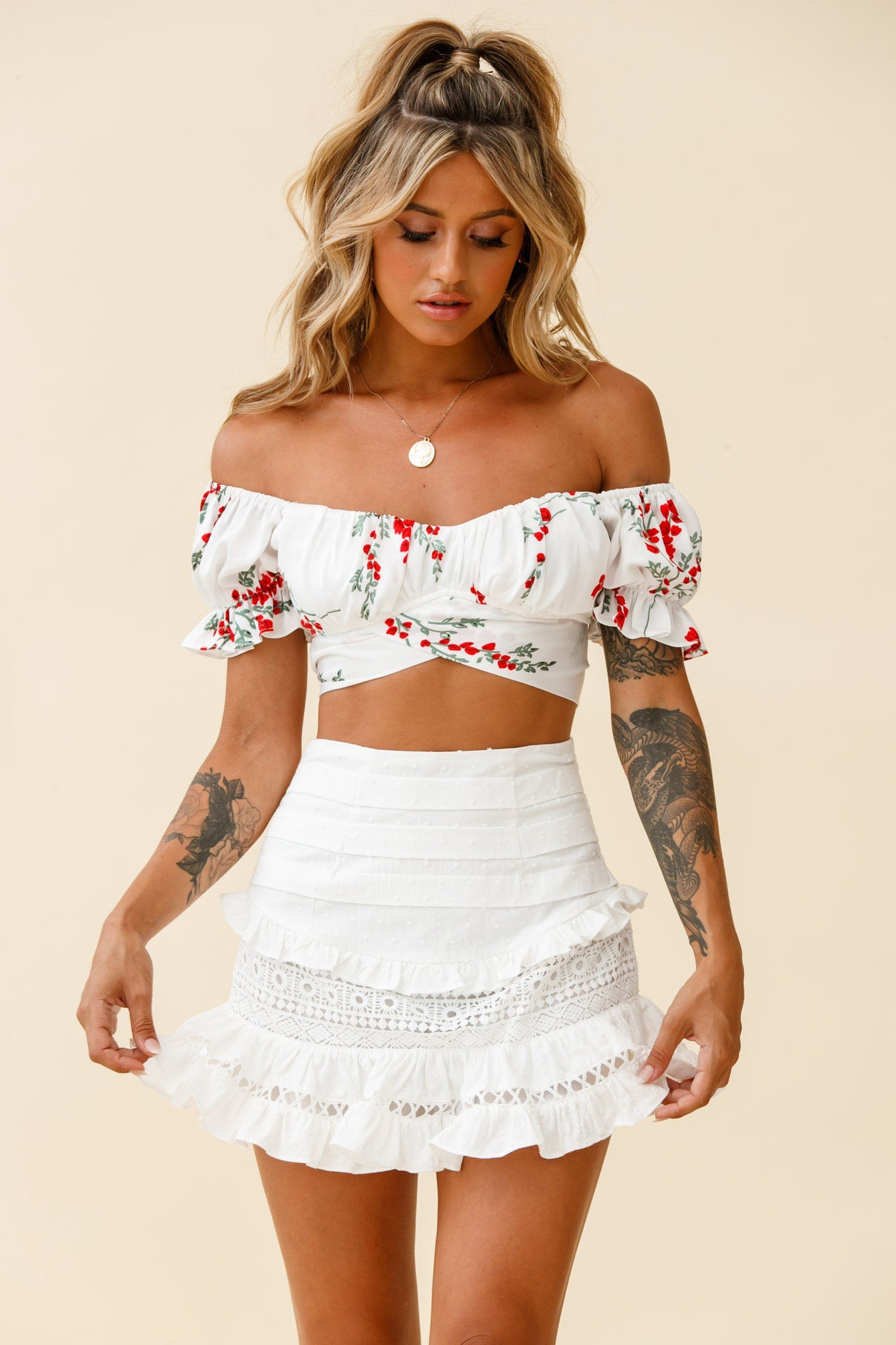 Linka Off-Shoulder Tie-Back Crop Top Red Floral Print White