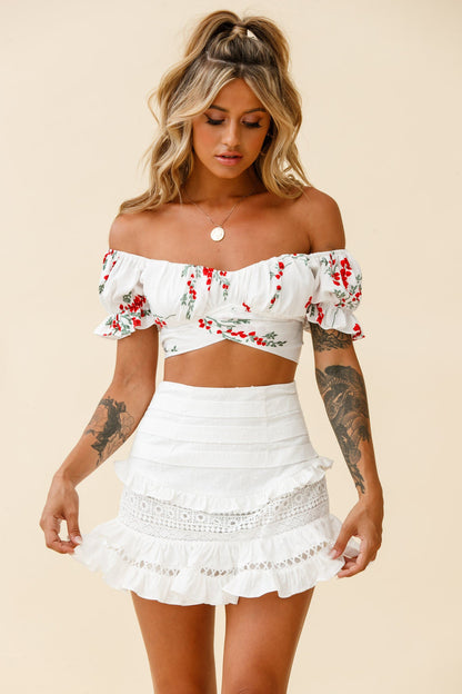 Linka Off-Shoulder Tie-Back Crop Top Red Floral Print White