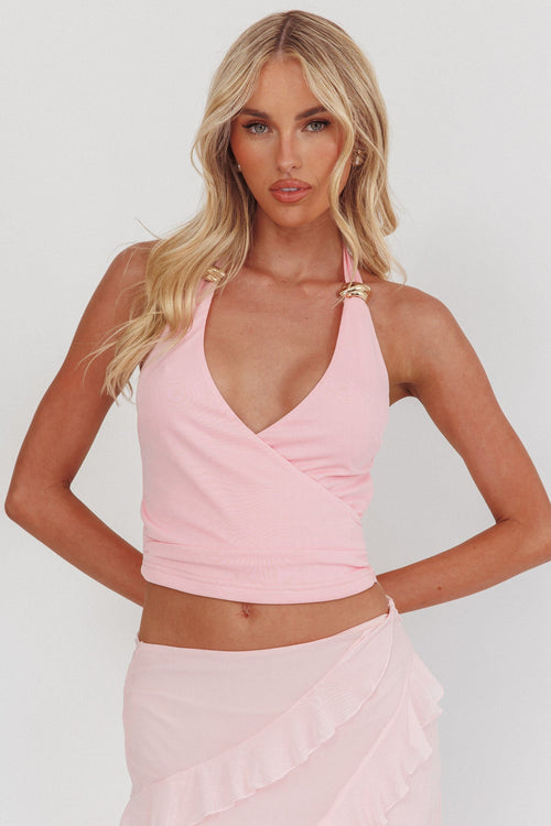 Zima Gold Accent Surplice Neckline Halter Top Pink