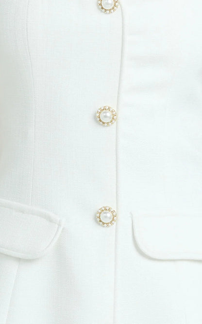Patsy Mini Dress - Boucle Cap Sleeve Button Front Fitted Dress in White