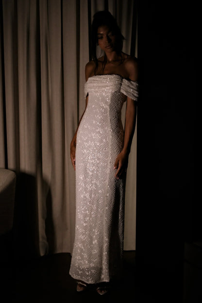 Priyanka Daisy Beaded Off Shoulder Wedding Gown - White