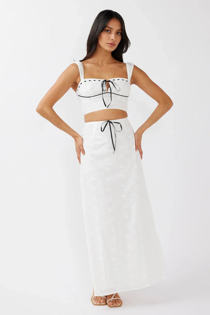 Helga Eyelet Embroidery Bow Crop Top White