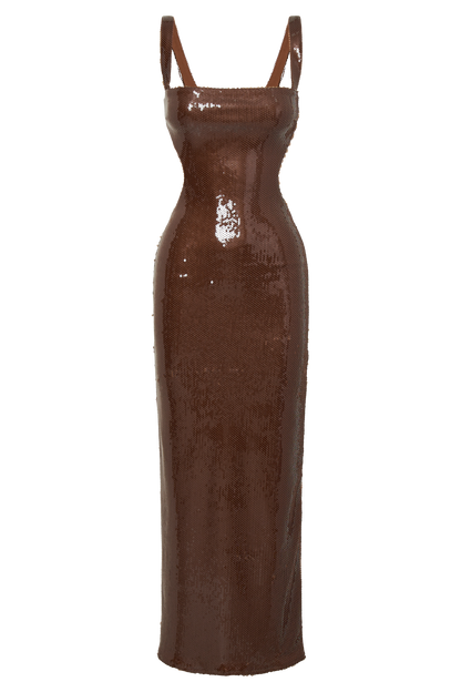 Adoria Sequin Cut Out Maxi Dress - Chocolate