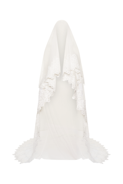 Paulette Lace Trim Veil - White