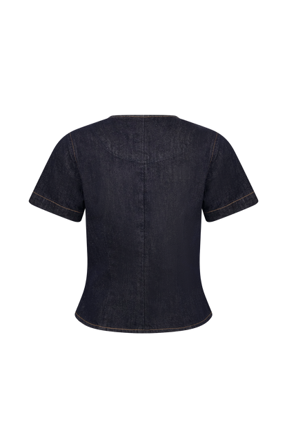 Bethany Short Sleeve Buttoned Denim Top - Washed Indigo Blue