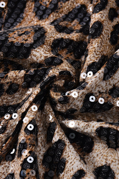 Leopard Sequin Cowl Neck Fitted Long Dress