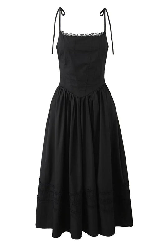 Black Lace Neck Ruched Long Party Dress