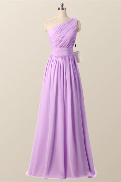 One Shoulder Blush Pink Pleated Long Bridesmaid Dress