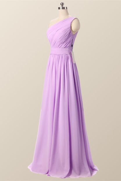 One Shoulder Blush Pink Pleated Long Bridesmaid Dress