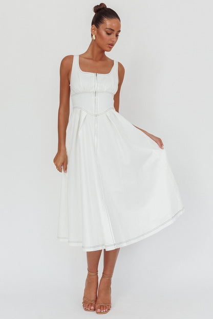 Leeli Zipper Front Midi Dress White