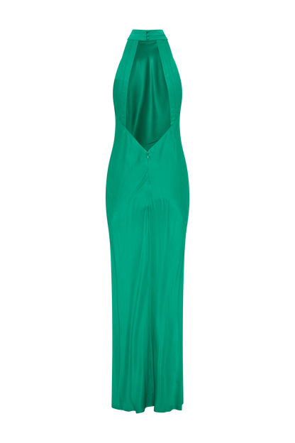 Claire Satin Drape Back Maxi Dress with Split - Green