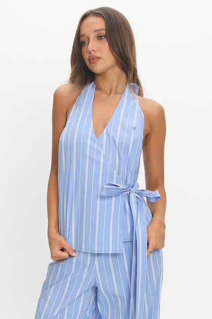 Teela Halter Wrap Top Stripe Blue