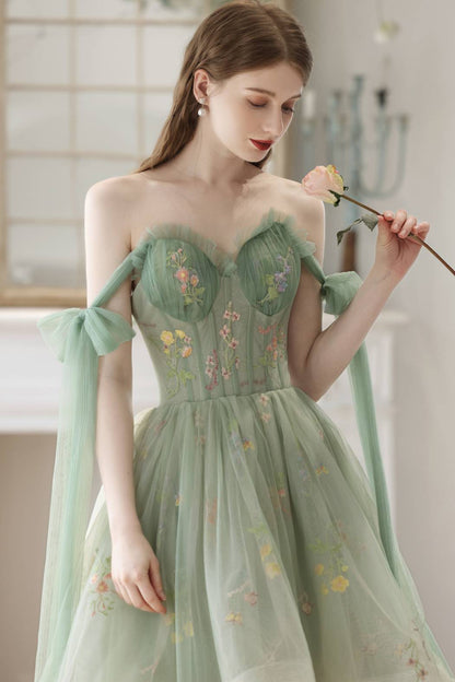 High Low Green Floral Tulle Party Dress