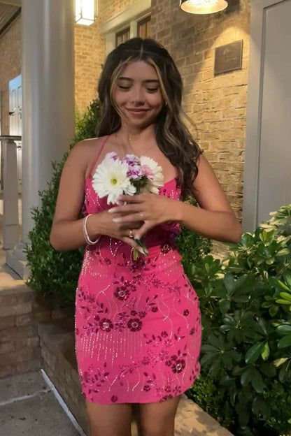 Pink Beaded Straps Fitted Mini Dress