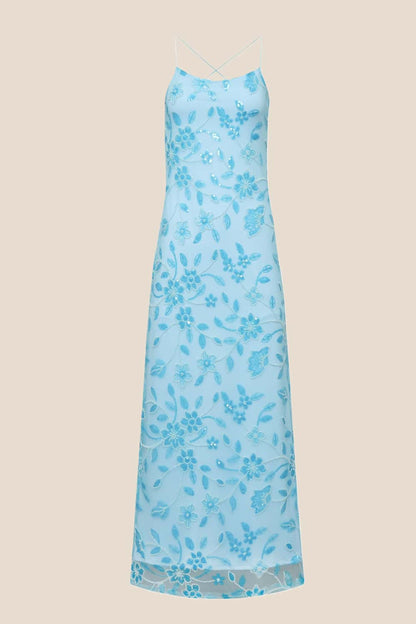 Pink Beaded Flowers Fitted Long Dress