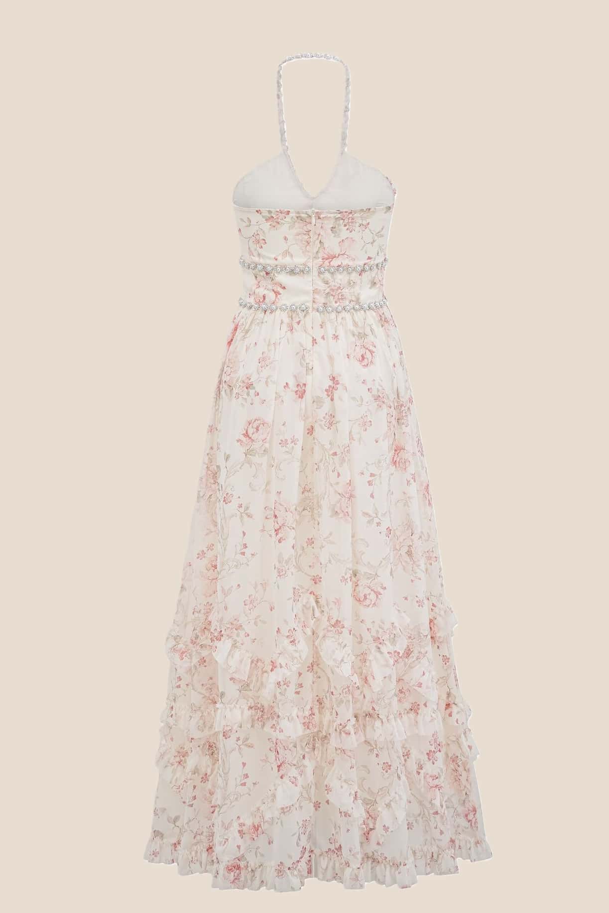 Pearls Halter Purple Floral Chiffon Long Dress