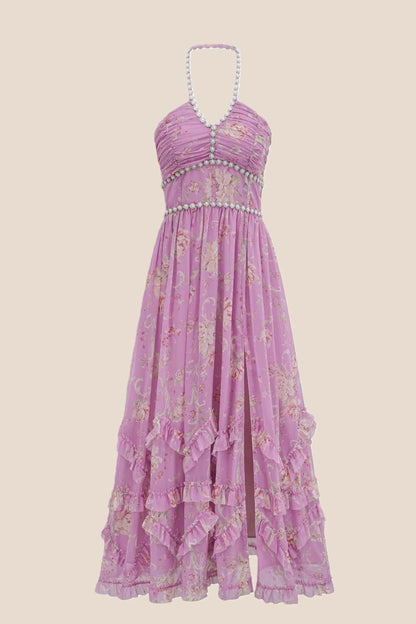 Pearls Halter Purple Floral Chiffon Long Dress