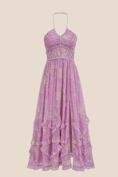 Pearls Halter Purple Floral Chiffon Long Dress