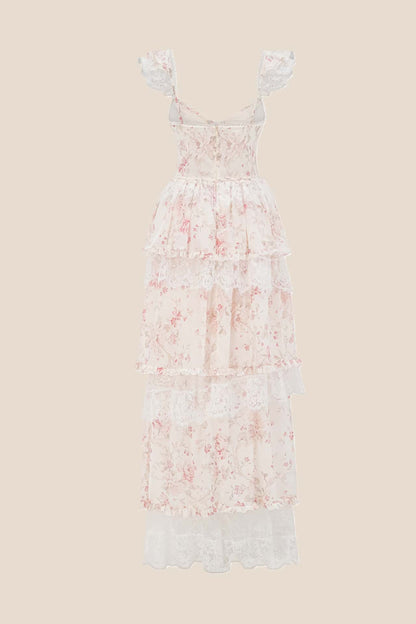 Pink Floral Lace Ruffle Straps Tiered Dress