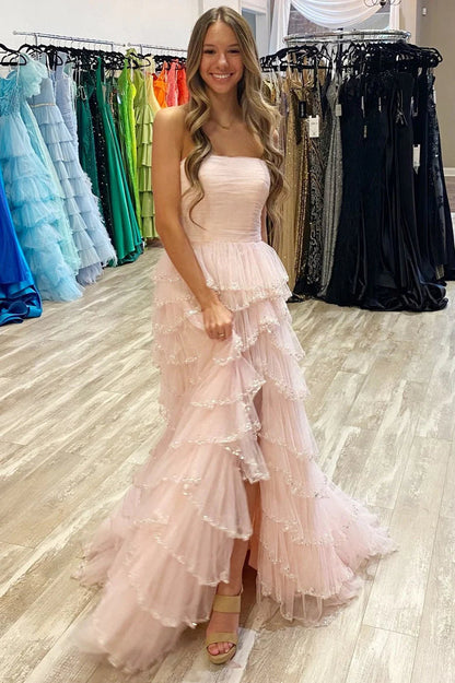 Light Blue Tulle Ruffle A-line Gown