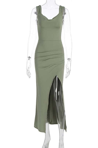 Pink Cowl Neck Fitted Slit Long Dress