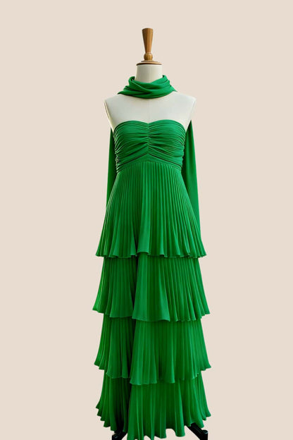 Pink Pleated Tiered Maxi Dress with Scarf