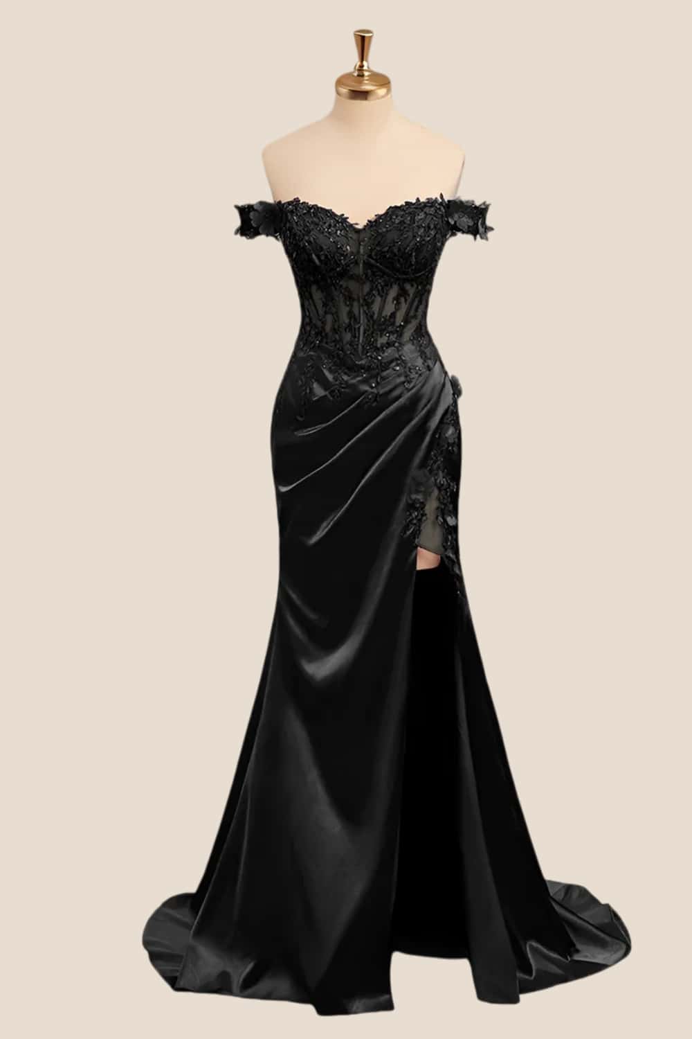 Lace Off the Shoulder Navy Blue Satin Mermaid Dress