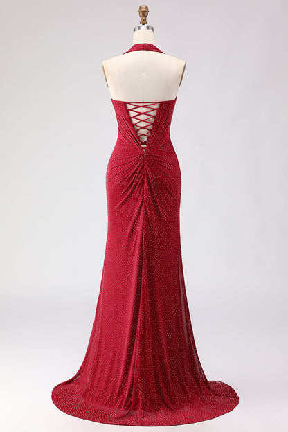 Sparkly Dark Red Beaded Mermaid Halter Long Prom Dress with Slit