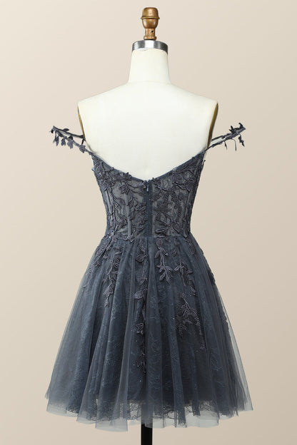 Off the Shoulder Hot Pink Lace Short Homecoming Dress