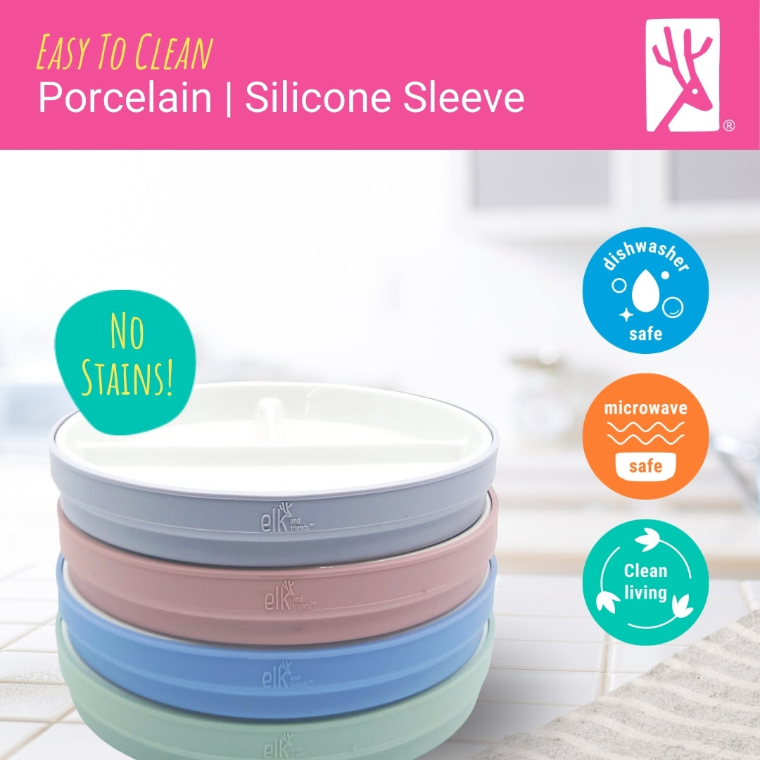 6.7"/16cm Porcelain White Divided Plates with Silicone Suction Sleeves