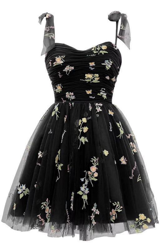 Black A-line Floral Short Princess Dress