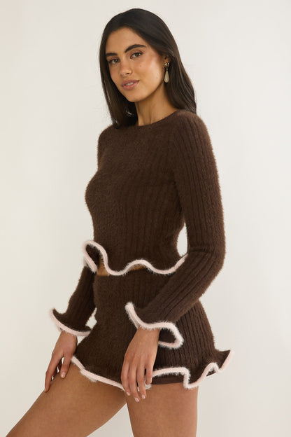 Pailin Lettuce Edge Knit Top Brown